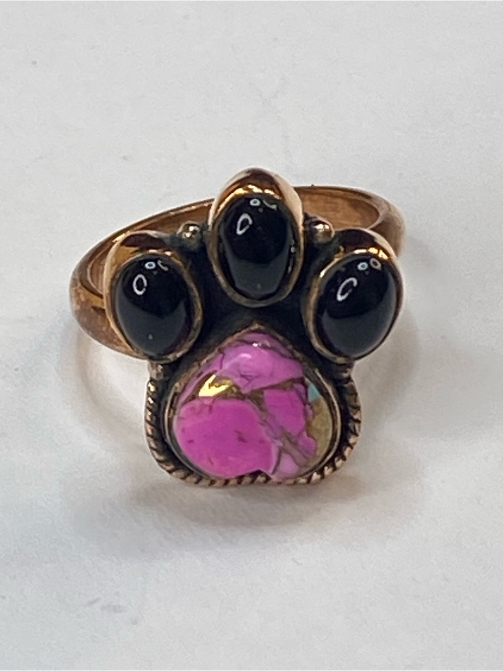 Dog Paw Cotton Candy Turquoise Onyx Solid Copper Adjustable Ring Boho Southwest - Picture 2 of 7